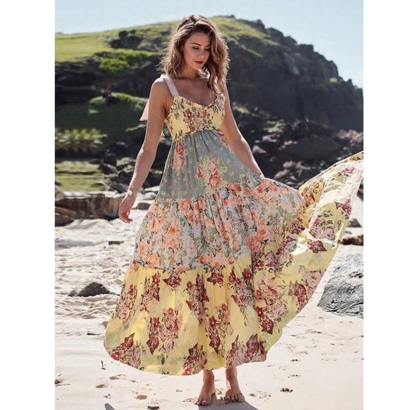 Floral Boho Maxi Flared Dress Shoulder Ties Smocked Shirred Bodice - Picture 2 of 12